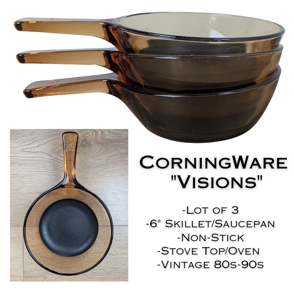 CorningWare VISIONS Amber 6" Skillet Saucepan Non Stick Glass Lot of 3 0.5L VTG